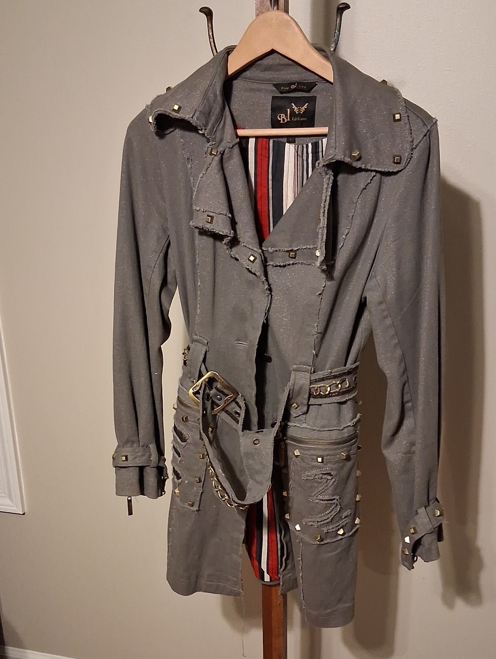 Distressed Gray Trench Coat with Stud Accents - Women's